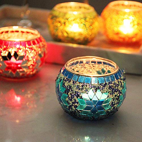 SHMILMH Votive Candle Holder Set of 4, Diwali Decoration for Home, Handmade Mosaic Glass Tealight Candle Holders for Table Centerpiece Decor,Diwali Thanksgiving