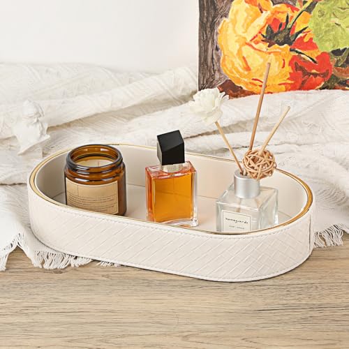 Hipiwe PU Leather Valet Tray with Gold Line Perfume Vanity Tray Catchall Tray for Jewelry Trinket Oval Bedside Nightstand Organizer for Home Decor, White - color: White