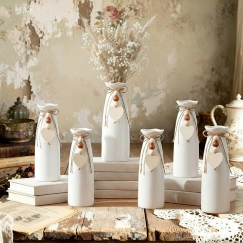 6 Pack 8 Inch Ceramic Vase Set with Jute Rope & Heart Charm, Vases for Centerpiece White Small Decorative Vase for Bohemian Home Decoration Modern Flower Vases for Gift Room Bedroom Office
