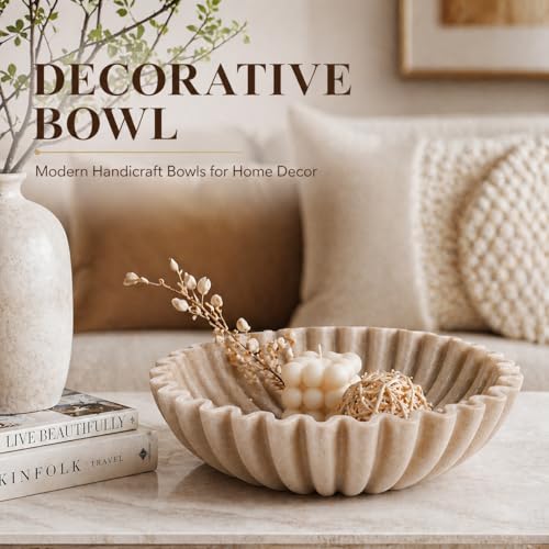 YMXYJM Large Decorative Bowl, Modern Handicraft Bowls for Home Decor, Fruit Bowl for Kitchen Counter, Ruffle Decor, Stylish Key Bowl for Entry Table, Artificial Stone Beige - color: Beige