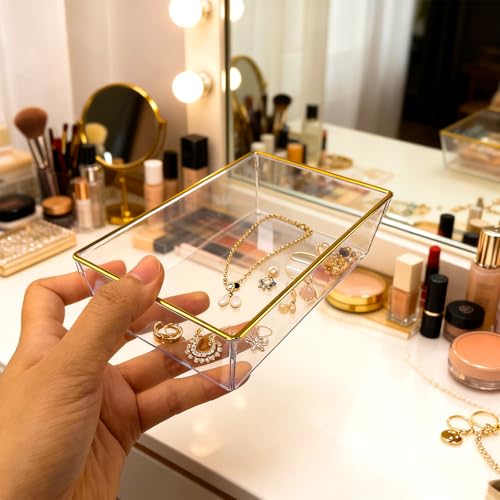 6 Pack Large Size Clear Stackable Drawer Organizer Trays, Gold Rim Makeup Drawer Storage Tray Divider, Desk Storage for Makeup, Jewelry, Bathroom, Stationary, Kitchen Utensils and Office Desk - color: Gold, size: 6 PACK
