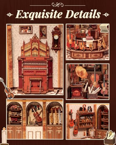 Book Nook Kit, DIY Miniature Music Workshop-Themed, 3D Wooden Puzzle Dollhouse with LED Lights, Bookend & Creative Bookshelf Decor, Craft Gifts for Family and Friends & Music Lovers (Bach Strings) - style: Bach String