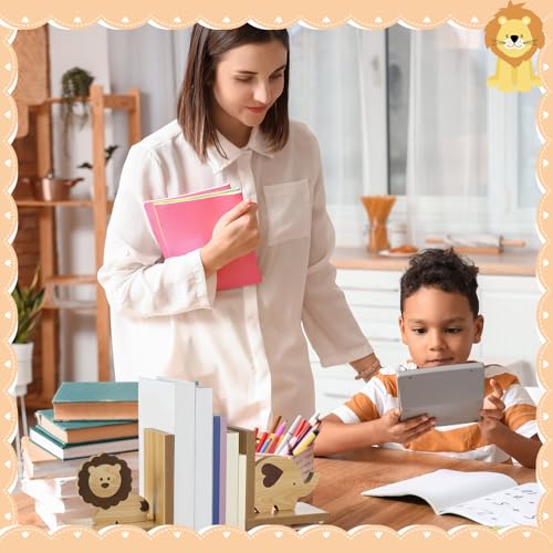 Harloon 2 Pcs Animal Bookends for Kids Wooden Decor Safari Bookends Decor for Girl Children Bedroom Home(Lion Elephant) - style: Lion Elephant