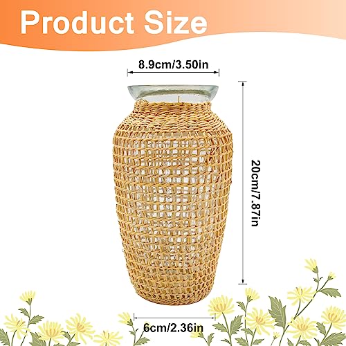 MDEOOSKY Straw Woven Glass Vase 7.9''x2.36''x3.5''Boho Glass Flower Vase Country Rustic Style Vase Glass Vase for Floral Arrangements Bottle Height (A Style 7.9IN) - size: 7.9IN