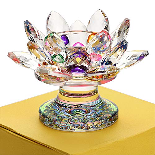 OwnMy Crystal Lotus Flower Tea light Holder Lotus Petals Candle Holder Stand Candlestick with Glass Base, Votive Flower Tealight Holder with Gift Box for Home Decor Window Sill Wedding Party, Colorful