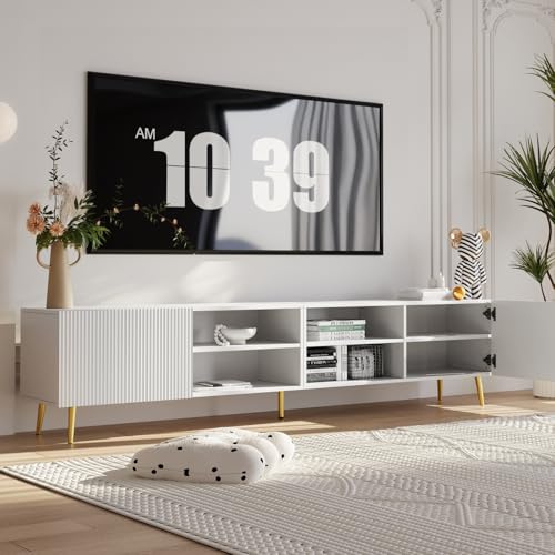 Modern 86in TV Stand for Living Room, Fluted Design Entertainment Center with Adjustable Shelves,Media TV Console Table with Storage for Bedroom,White - color: White