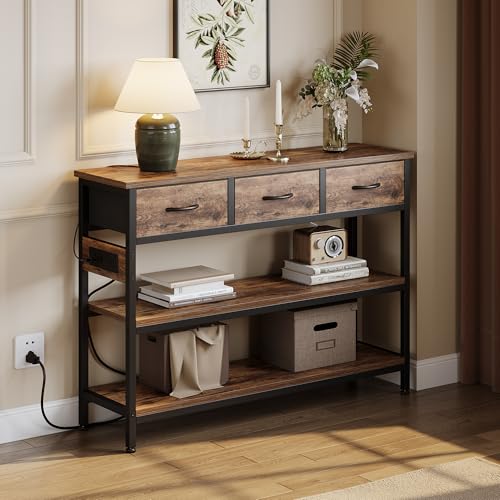 Lulive 2 Pack Entryway Tables with Power Outlets, Console Table with 3 Fabric Drawers, Sofa Table for Living Room, Hallway, Couch, Foyer, Height Adjustable - color: Rustic Brown, size: 2-Pack 43 inches