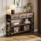 Lulive 2 Pack Entryway Tables with Power Outlets, Console Table with 3 Fabric Drawers, Sofa Table for Living Room, Hallway, Couch, Foyer, Height Adjustable - color: Rustic Brown, size: 2-Pack 43 inches