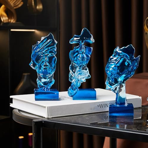 XINXUAN 3PCS Thinker Statue Set : Silence is Gold Abstract Art Ornament, Modern Home Decor Resin Sculpture, Piano, Desktop, Office, Study Decoration (Dark Blue) - color: Dark Blue