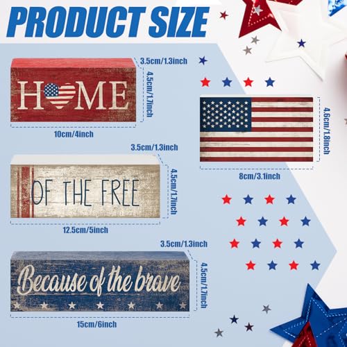 CroBlissful 4 Pcs Memorial Day Decorations Patriotic 4th of July Tabletop Decor Red White Blue Table Centerpieces Wood Block God Bless Sign for Tiered Tray Home Shelf Mantel - style: Flag