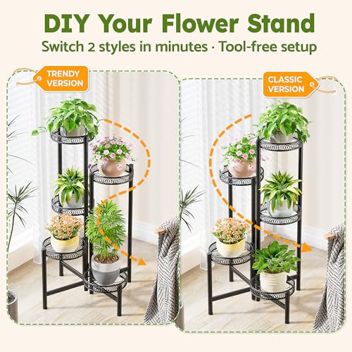 Plant Stand Indoor Outdoor, 5 Tier Corner Metal Flower Display Holder Stand, Folding Tall Plant Rack for Patio Balcony Porch Garden Living Room House, Heavy Duty Wrought Iron Plant Shelf - BlackFlower - color: BlackFlower, size: 5-Tiers
