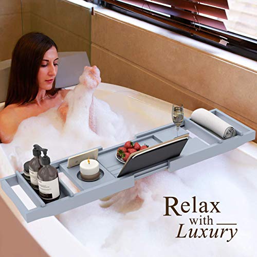 Domax Bathtub Caddy Tray Expandable Bamboo Tub Tray for Luxury Bath with Book Holder and Free Soap Dish (Gray, 29.4"-44.2"x 9.1"x1.65") - color: Gray