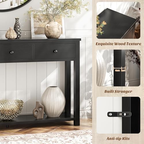 Homieasy Farmhouse Console Table with 3 Drawers, 47 Inch Wood Sofa Table with Storage Shelf for Living Room, Behind Couch, Entryway Table for Hallway, Living Room, or Foyer, Black