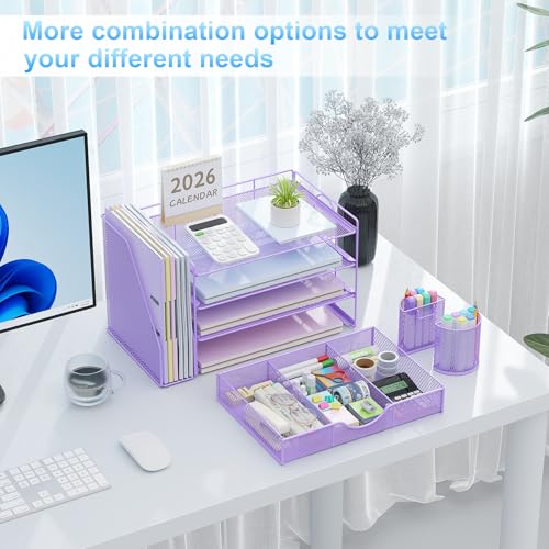gianotter Desk Organizers and Accessories with File Holder, 4-Tier Desk Accessories & Workspace Organizers with Drawer and 2 Pen Holder, Paper Organizer for Office Supplies (Purple) - color: Purple