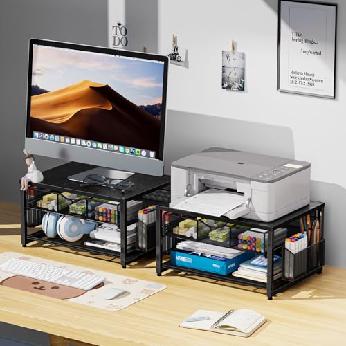 Marbrasse Wood Printer Stand for Desk, 2-Tier Desktop Printer Table for Home Office, Printer Stand with Storage Drawer 2 Pen Holders, Multi-Purpose Desk Organizer for Fax Machine Scanner (Wood Black) - color: Wood Black