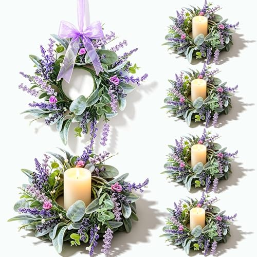 6 Pcs Mini Lavender Candle Rings Wreaths Purple Daisy Pillar Holder Wreath Artificial Wild Flower Spring Summer Floral Wreath for Farmhouse Porch Cabinets Table Decoration - color: Lavender
