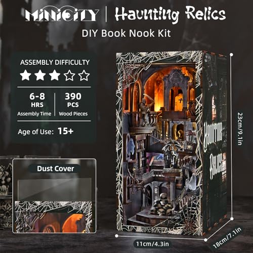 MiniCity Magic Booknook Building Set with LED Light, Mini Bookend Building Kit for Bookshelf & Home Decor, DIY Miniature Book Nook Building Model for Kids Adults Teens (Haunting Relics) - style: Haunting Relics