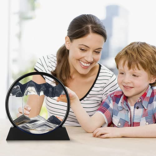 rysnwsu 3D Dynamic Sand Art Liquid Motion, Moving Sand Art Picture Round Glass 3D Deep Sea Sandscape in Motion Display Flowing Sand Painting Relaxing Desk Toys (Black, 12'') - color: Black, size: 12''