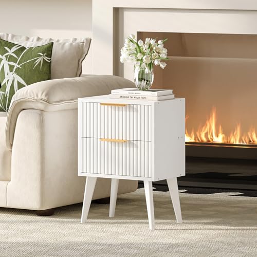 YAUKOMEL Fluted Nightstand with 2 Drawers,Modern Bedside Table with Metal Handles,Side Table with Solid Wood Legs,End Table for Living Room,Bedroom,Small Spcae 11.8" D x 15.7" W x 22.8" H White CTG55W - color: White, style: Fluted Style
