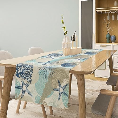 Nautical Coastal Table Runner，Ocean Themed Starfish Coral Conch Beach Kitchen Dinning Table Decoration for Indoor Outdoor Home Party Decor 13x36 Inch - color: Shell-2, size: W13x36L