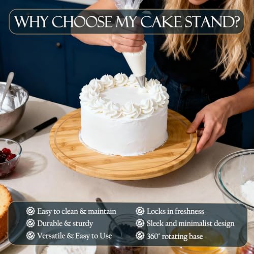 Masthome 11 IN Cake Stand with Lid, Bamboo Wood Rotating Cake Holder with Dome, BPA Free Cake Dish with Cover, Cake Plate with Cover for Birthday/Kitchen/Party/Weddings - color: Rotating Bamboo Cake Stand With Dome