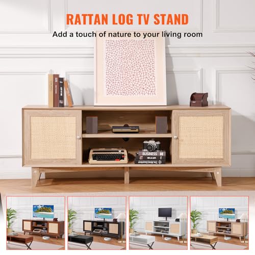 VEVOR Rattan TV Stand, Mid Century Modern TV Stand for 75 inch TV, Boho Rattan TV Cabinet with Build-in Socket and USB Ports, Adjustable Shelfs for Living Room, Media Room, Oak - color: Oak, size: for 75" TVs