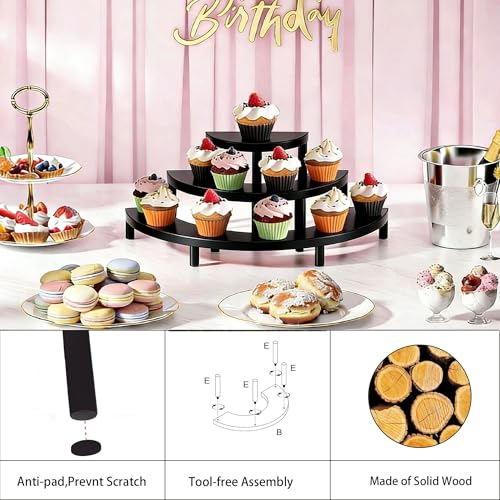3 Tier Risers Display Stand,Wooden Cupcake Holder Stand,Rustic Cologne and Perfume Organizer for Women,Dessert Table Display Set for Party (Black) - color: Black