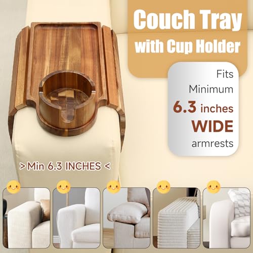 SINWANT Couch Cup Holder Tray,Acacia Wood Sofa Arm Clip on Tray Table with 360° Rotation Cup Holder,Foldable Anti-Slip Couch Armrest Table for Coffee Mug,Water Bottles,Snacks,Remote on Large Armrest - color: Acacia Wood