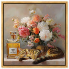 Art Remedy Cat Floral Vase Perfume Canvas Fashion Pet Art, Gold Frame, 30" x 30" - color: Gold Frame, size: 31"L x 31"W