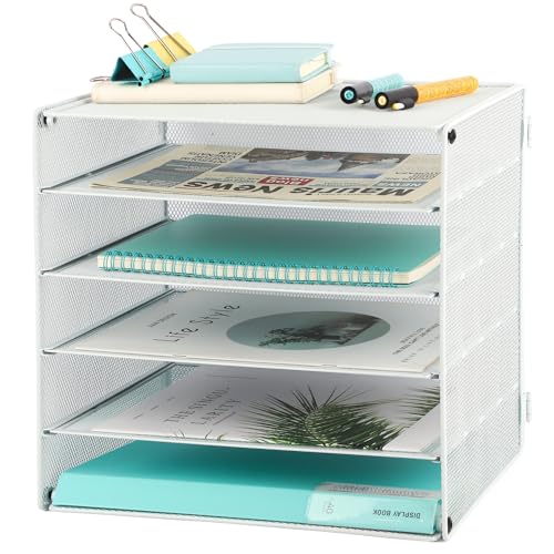 EASEPRES 5 Slot Mesh Desk Organizer Tray, File Paper Letter Folder Holder Desktop Paper Sorter Mail Organization Rack Storage Accessories, for Office Home School Classroom, White - color: 5 Tier White