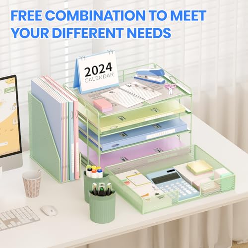 OPNICE Desk Organizer, 4-Tier Desktop File Organizer with Drawer and 2 Pen Holders, Office Desk Accessories, File Sorters, Workspace Organizers for Office Supplies(Green) - color: Green, size: 4-Tier