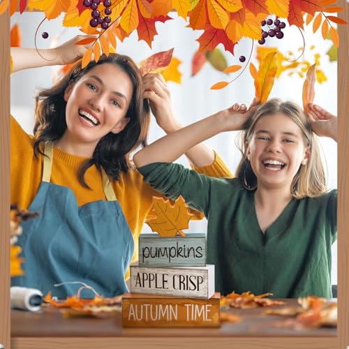 Lineshading 4 Pcs Thanksgiving Decoration for Home Wooden Maple Leaf Fall Tiered Tray Decor Thanksgiving Centerpiece Rustic Decorative Maple Leaf Block Signs Gift Farmhouse Autumn Decoration for Home - style: Autumn Maple Leaf