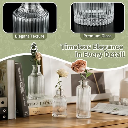 Glass Bud Vase Set of 3, Small Ribbed Flower Vases for Centerpieces, Clear Vintage Glass Bud Vases for Table Decorations, Home Decor, Wedding, Party, Anniversary