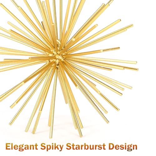 Metal Decorative Starburst Ball, 6 Inch Gold Sphere Decor, Spiky Star Burst Tabletop Sculpture, Mid-Century Modern Metal Spike Ball for Home, Living Room, Office & Shelf Decor - color: Gold-starburst-6"