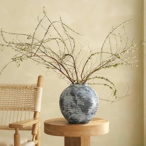 Lvases Farmhouse Rustic Ceramic Vase, 6.5 inch Gray-White Handcrafted Weathered Stone Pottery Terracotta Vintage Vases for Home Decor Living Room Table Shelf Decorative (Round - B) - color: Gray+white, size: 6.5 in X 6.1 in