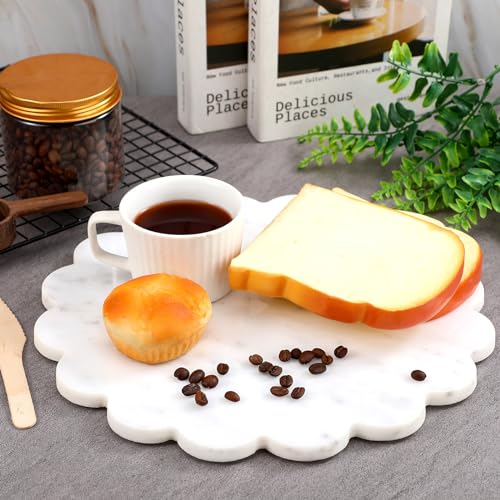 Newtay 12 Inches Marble Cutting Board Round Marble Tray White Scalloped Board with Non Slip Decorative Pastry Tray for Kitchen Pizza Cake Bread Baking Cheese Display
