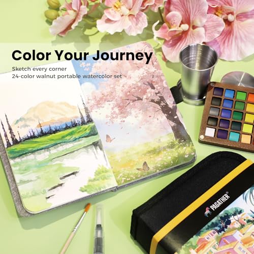 Pagather 24 Colors Mini Watercolor Travel Set, Portable Watercolor Kit with Water Brush, Pocket Size Painting Set for Beginners, Hobbyists & Artists