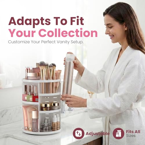 Masirs 360 Rotating Makeup Organizer for Vanity, Adjustable Shelf Height, Large Capacity Cosmetic and Skincare Storage, Lazy Susan Perfume Organizer for Dresser, Bathroom Countertop, White - color: White