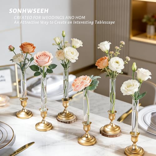 10 PCS 7.9” Acrylic Vase Cylinder Bud Vase for Taper Candlesticks, Flower Vase with Silicon Rubber and 10 Ribbon Case Fit in Candle Holders Size 20-22mm, Create Floral for Tablescapes, Home Decor