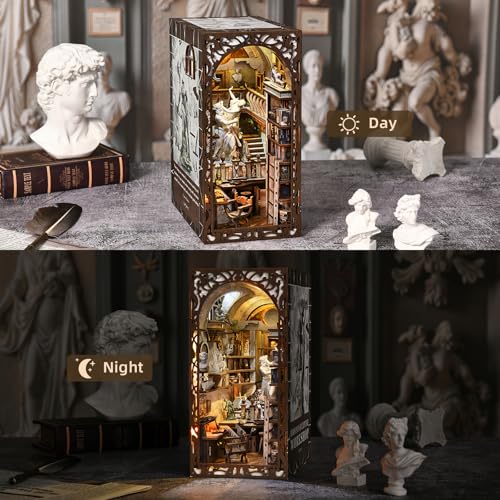 CCCDF DIY Book Nook Library Kit, Miniature Dollhouse Booknook Kit, 3D Wooden Puzzle Bookend Bookshelf with LED Light for Teens and Adults (Bernini's Sculpture Workshop) - style: Bernini's Sculpture Workshop