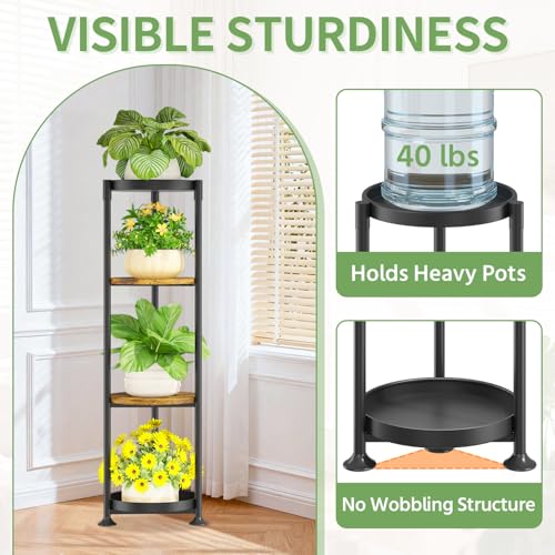 KMOTASUO 4 Tier Black Plant Stand Indoor for Large Tall Heavy Duty Planter, Multiple Sturdy Metal Flower Corner Rack for Narrow House Floor, Iron Vertical Level Round Orchi Holder Organizer, Modern - color: Black + Brown, size: 4 Tier