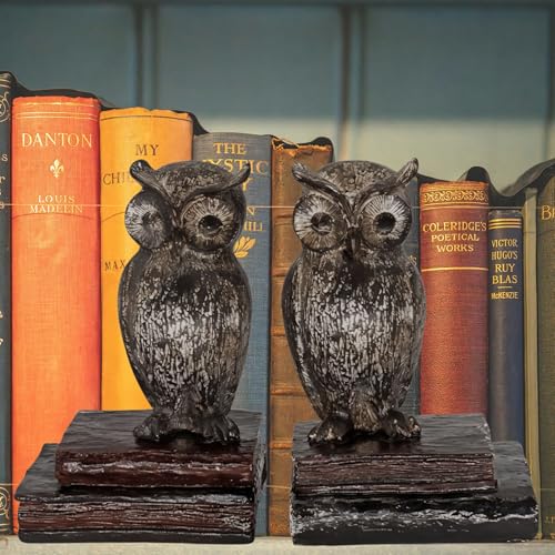 Bellaa 21725 Decorative Owl Bookends - Rustic Farmhouse Book Ends for Shelves, Non-Skid Wide Eyed Bird Design, Vintage Boho Home Office Library Decor