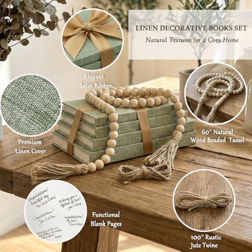 Decorative Books for Home Decor-Set of 4 Real Linen Decorative Books, Stacked Books with Wood Bead Garland, Jute Twine & Satin Ribbon, Neutral Modern Farmhouse & Boho Shelf Decor (Sage) - color: Sage