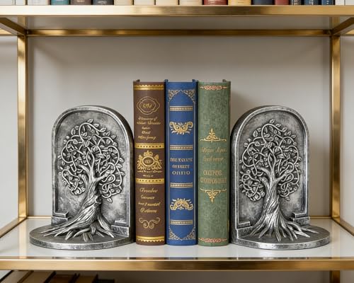 Tree of Life 3D Bookends with Intricate Details, Solid Resin Construction Non-Slip Design, Metallic Silver Decor for Home Library, Office - color: Metallic Silver