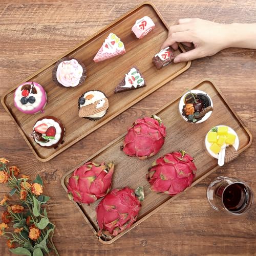 2 pcs 15.7" x 7" Large Solid Acacia Wood Serving Trays Rectangular Wooden Serving Platters Natural Wooden Boards for Bar Coffee Party - size: 15.7" x 7" x 1.2"