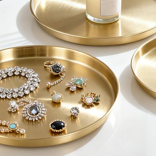 4 PCS Gold Round Tray, 11.8 Inch Stainless Steel Serving Tray Jewelry Dish Makeup Vanity Organizer, Gold Platter Circle for Countertop, Bathroom, Perfume