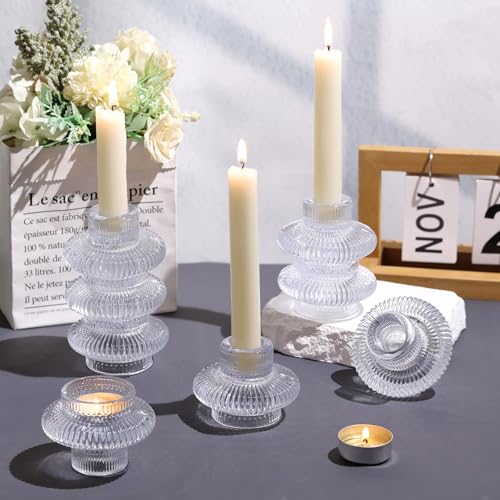 Glass Candlestick Holders 10 Pcs – Clear Ribbed Taper Candle Holders, Vintage Votive Candle Holders for Table Centerpiece, Wedding Christmas Dinner Party Decorations - color: Clear
