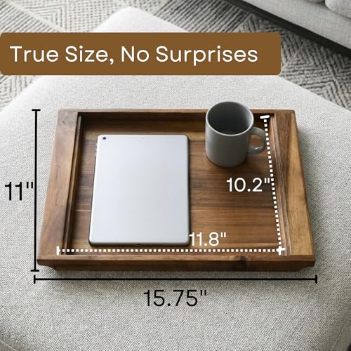 PANDAWOOD Wood Serving Tray - Large Acacia Wooden Tray for Coffee Table Ottoman - Ottoman Tray Decor - Rectangle Wood Tray for Kitchen Counter 15.7"x11"