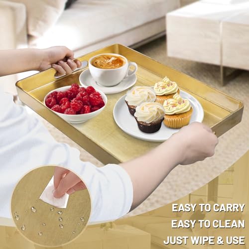 MAONAME Gold Decorative Tray with Handles, Foil Serving Tray for Ottoman, Rectangular Coffee Trays for Living Room, Bathroom, 16.7" L x 11.8" W x 1.6" H - size: 16.7" x 11.8" x 1.6"