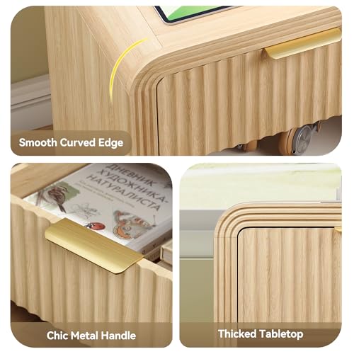 Decofy Fluted Nightstand with Charging Station, Modern Bedroom Side Table with Gold Handles, Curved Profile Design, End Table Wood Organizer for Bedroom, Open Shelf & 1 Drawers (1 Pack, Natural Oak) - color: Natural Oak, size: 1 Drawer( 15.5"D x 17.7"W x